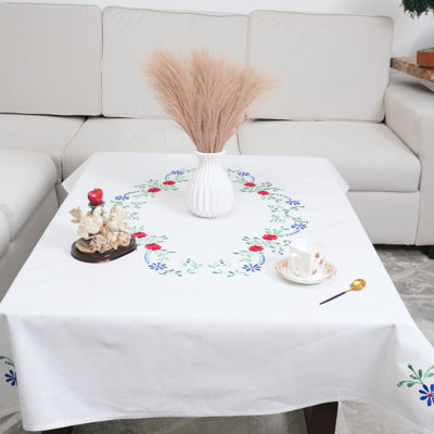 Hand Embroidered Thick Cotton Table Cover – Multicolor Floral Print Decorative Tablecloth for Dining Table & Home Décor