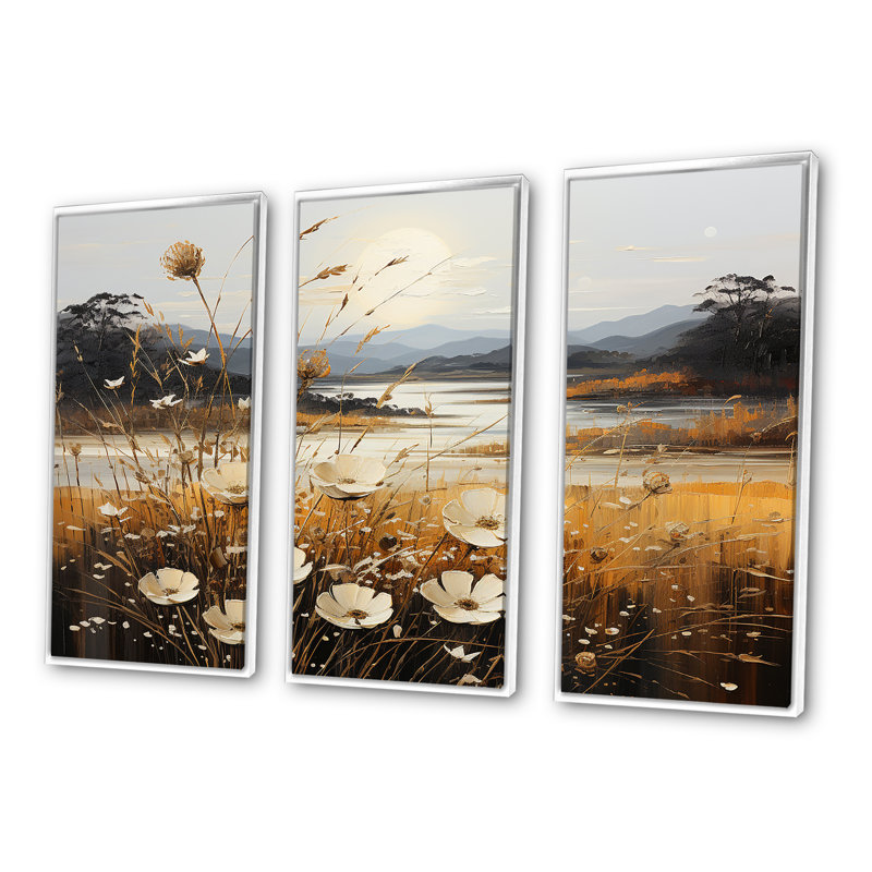 Golden Meadows Of Flowers Fields - Flower Wall Decor Set, White Floater Framed, 32" H x 48" W x 1" D