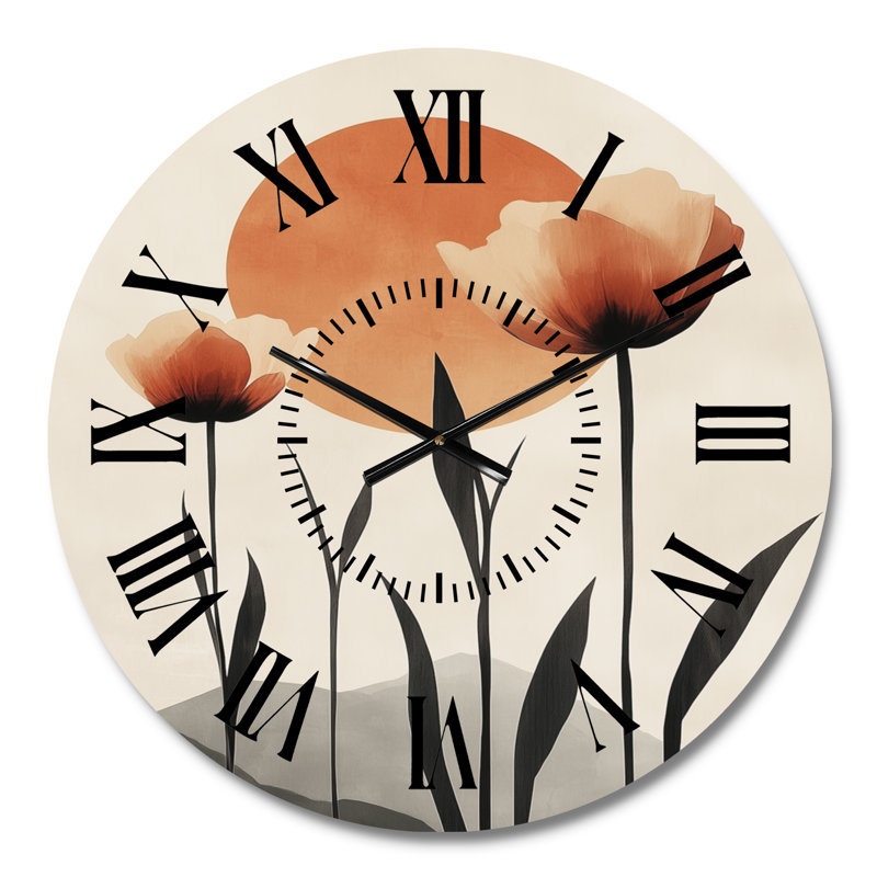 Horloge murale ronde en métal orange à motif tulipes de style années 50, inspirée des fleurs du soleil., Médium