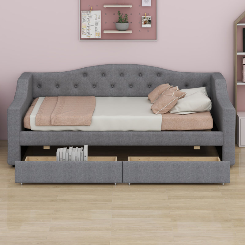 Upholstered Daybed With LED Belt And 2 Drawers, Gray