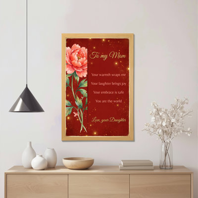 Floral Peony Red Background Canvas Wrapped Wall Art Oil Painting Print To My Mom Quote Mother Daughter Love Gift For Mom Home Decor (Set Of 1)
