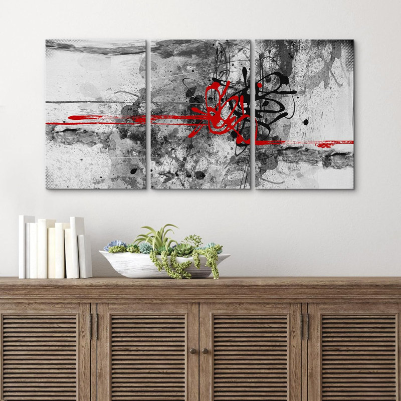 Grunge Abstract Paint Stroke Effect " Black And Red Grunge Watercolor Lines Abstract Shapes Modern Art Chic Scenic Relax/Calm " 3 - Pieces