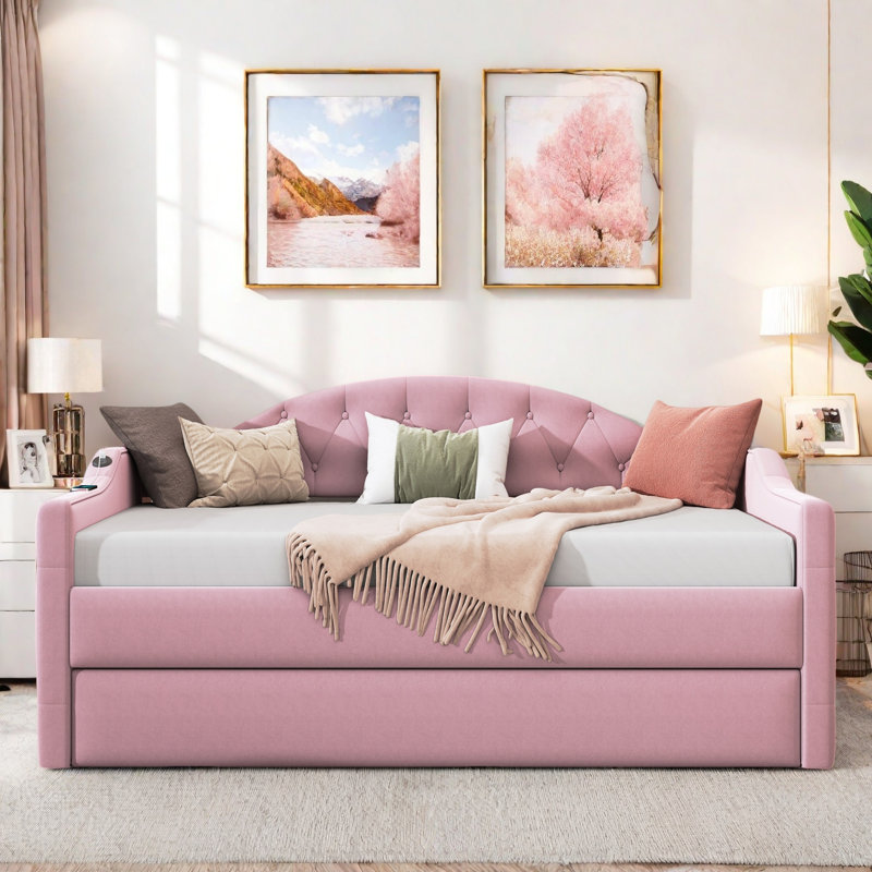 Upholstered Daybed With Trundle And Usb&Type-C Charging Ports, Pink
