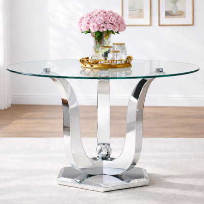 47.2" Round Glass Dining Table for 4-6, 0.31" Thick Glass Dining Table, Modern Round Dining Table with Stainless Steel Base