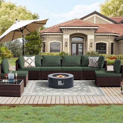Ensemble de conversation pour terrasse en rotin 8 pièces avec table de foyer d'extérieur de 28 pouces et coussin de siège confortable