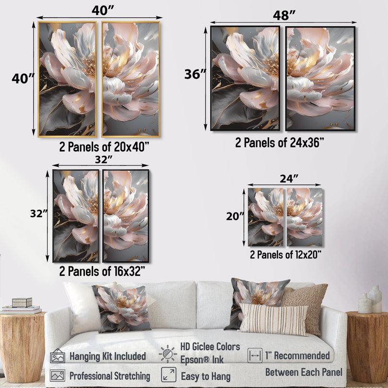 Marbre rose doré pivoine III - décoration murale moderne blanche, Noir, H 36 po x l 48 po, Impression encadrée flottante