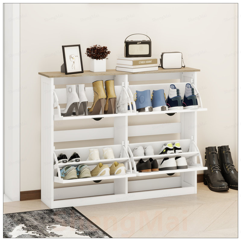 Armoire de rangement pour chaussures moderne autoportante avec 4 tiroirs rabattables et une tablette ajustable