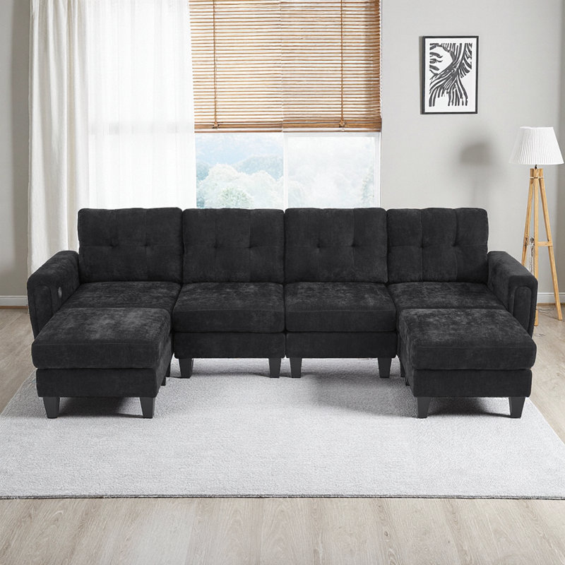 Modern U-Shaped Sectional Sofa - Modular with Ottomans, USB Ports & Foldable Side Tables, Black