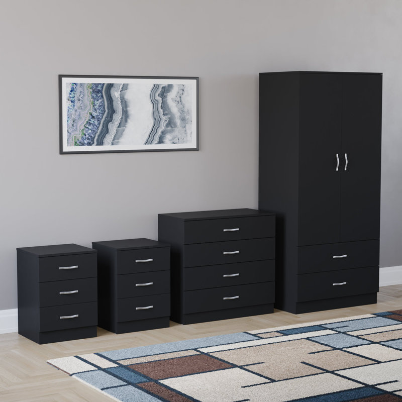 Tayce 4 Piece Bedroom Set (3 Drawer Bedside Chest X2, 5 Drawer Chest, 2 Door 2 Drawer Wardrobe), Black