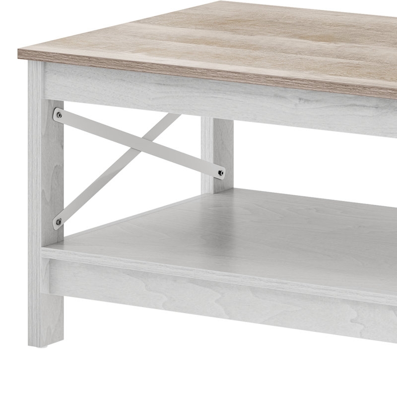 39.3"W Rectangle Simple Coffee Table with Bottom Shelf, X-Framed Support, White, Medium Yellow Wood