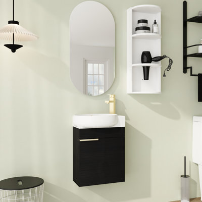 16'' Wall-Mounted Single Bathroom Vanity with Ceramic Top and Soft-Close Doors & Storage Rack