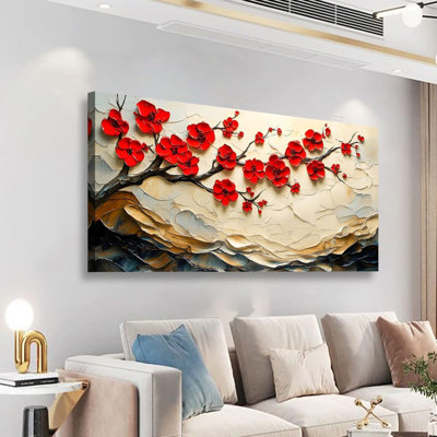 Arbre de vie, toile, art mural pour salon, chambre à coucher, fleur rouge, décoration murale abstraite jaune, reproduction d'art moderne, prune, fleur de montagne, prêt à être accroché - 20 po x 40 po
