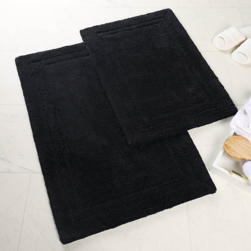 Sandcliff Cotton Non-Skid Machine Washable 2 Piece Bathroom Rug Set, Solid Black