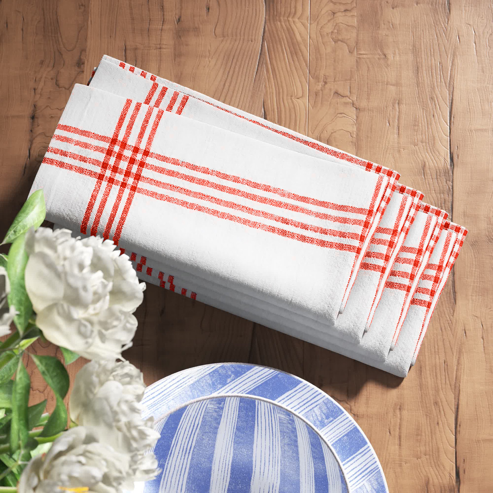 Panna Cotton Striped Square Napkin, Bright Red