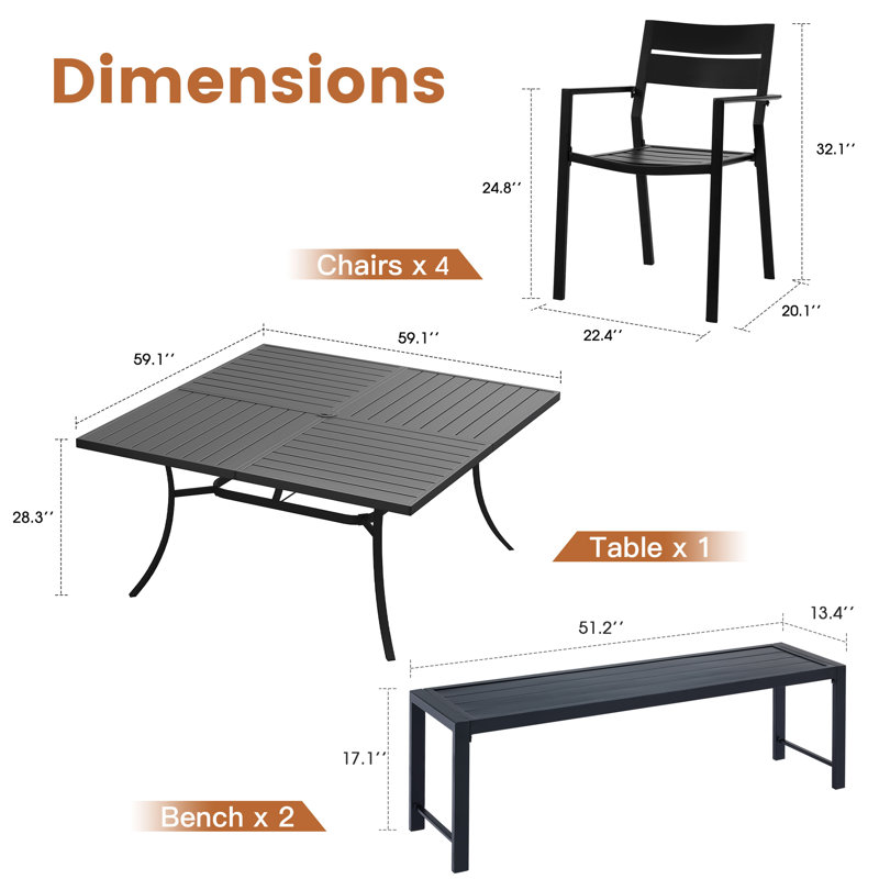 Ensemble de salle à manger de patio avec chaises empilables en métal et table de salle à manger carrée 59 po, Noir