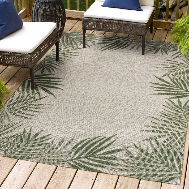 Tapis intérieur / extérieur vert / crème Caherty Coastal Cottage, Green/Cream, Rectangle 2 pi 11 po x 4 pi 11 po