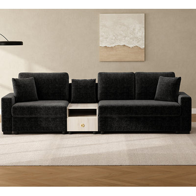 111.8" Modular 3-Seater Chenille Sofa With Storage Armrest & Center Console For Living Room