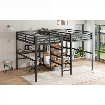 Lit mezzanine simple au-dessus de lit simple en métal naturel Woodgrain, lit multifonctionnel peu encombrant pour les chambres d'enfant avec rangement intégré et bureau