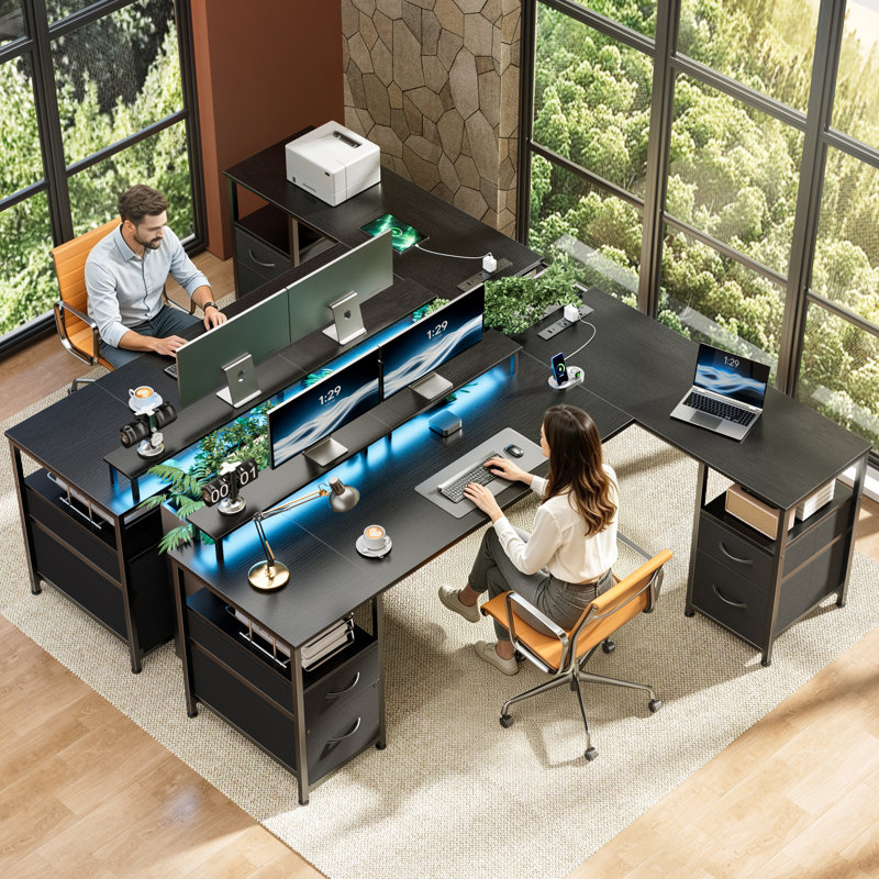 Bureau d'ordinateur avec 4 tiroirs, éclairage DEL et borne de recharge, 65", Black