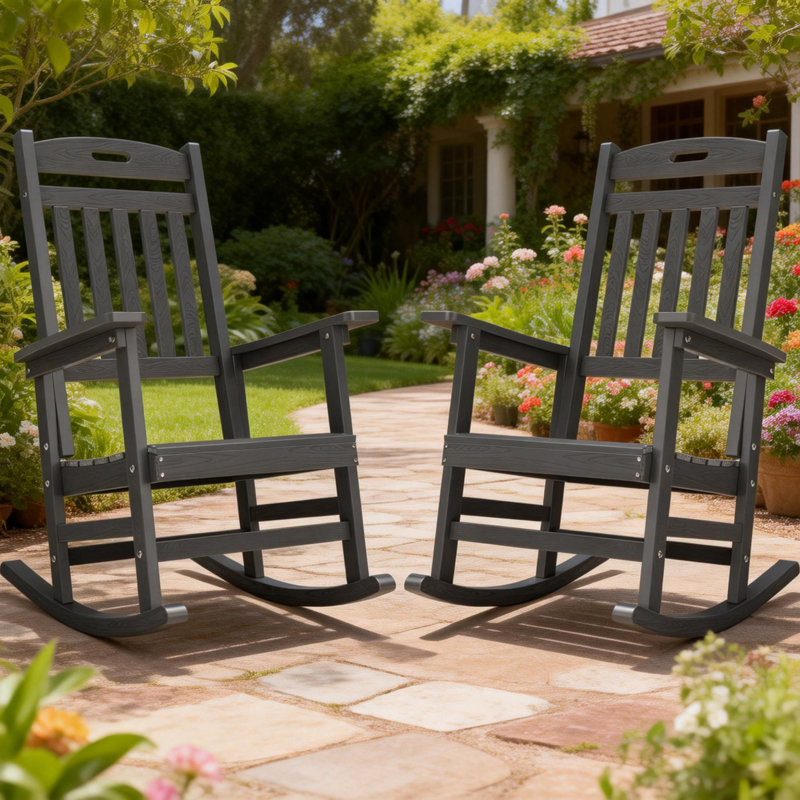 Outdoor Adirondack Rocking Chair HIPS All Weather Plastic Patio Chair Rocker（Set Of 2）, Gray