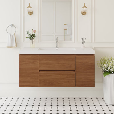 Armoire de salle de bain flottante murale en noyer moderne entièrement assemblée de 48 po avec lavabo à surface solide et tiroirs à fermeture en douceur avec lavabo