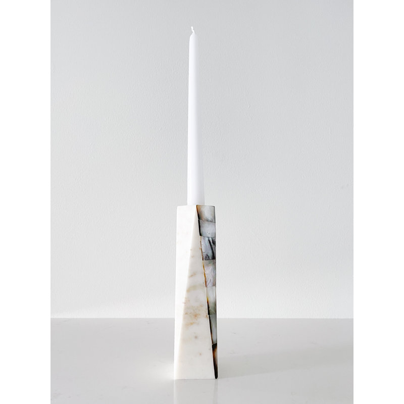 Mother Of Pearl Marble Candlestick, 8" H x 2" W x 2" D