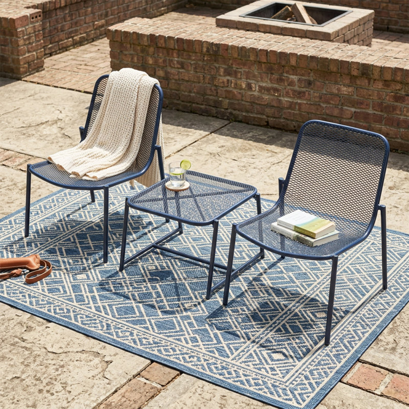 Ensembles de table de salle à manger en fer bleu marine avec motif en maille pour l'extérieur