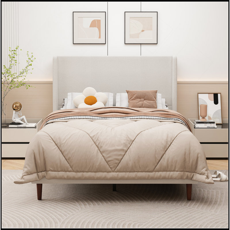 Lit tapissier de tête de lit haute, base de lit, support à 12 lattes, facile à assembler, beige, toile de chenille, aucun sommier nécessaire