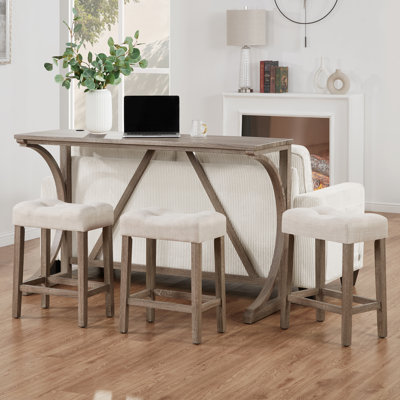 59" Wide 3-Piece Solid Wood Bar Table Set With USB Charging Port And Backless Stools