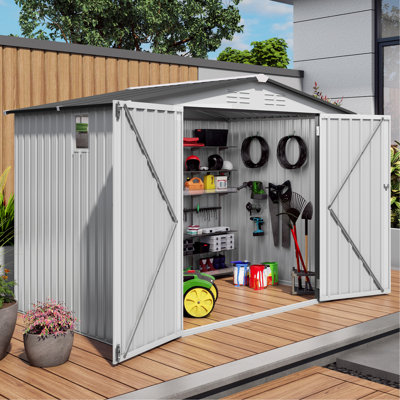 Remise de jardin en métal 8 x 6 pi, toit incliné, imperméable, une fenêtre, deux portes verrouillables, blanc et gris, convient au balcon et à la cour à l'extérieur, facile à assembler