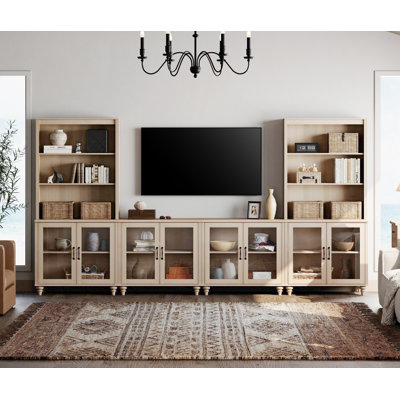 Entertainment Center With Bookshelves For Tvs Up To 75"", Farmhouse Wall Unit TV Stand With Glass Doors, Bedroom & Home Theater, Light Beige -  Canora Grey, 58D77314B19D48E2A4F87D37B3EFCF9F
