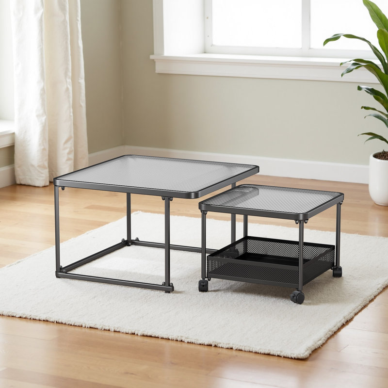 Ensemble de 2 tables gigognes carrées avec panier de rangement et dessus en verre trempé