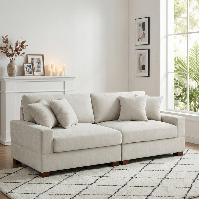 2 - Piece Upholstered Offwhite Chenille Modular Sectional Sofa with Armrests & Throw Pillows, Off White
