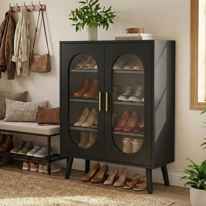 2 Door Sun Panel Elevated Shoe Cabinet USB 7 Color LED 4 Tier 26.77" W, Black
