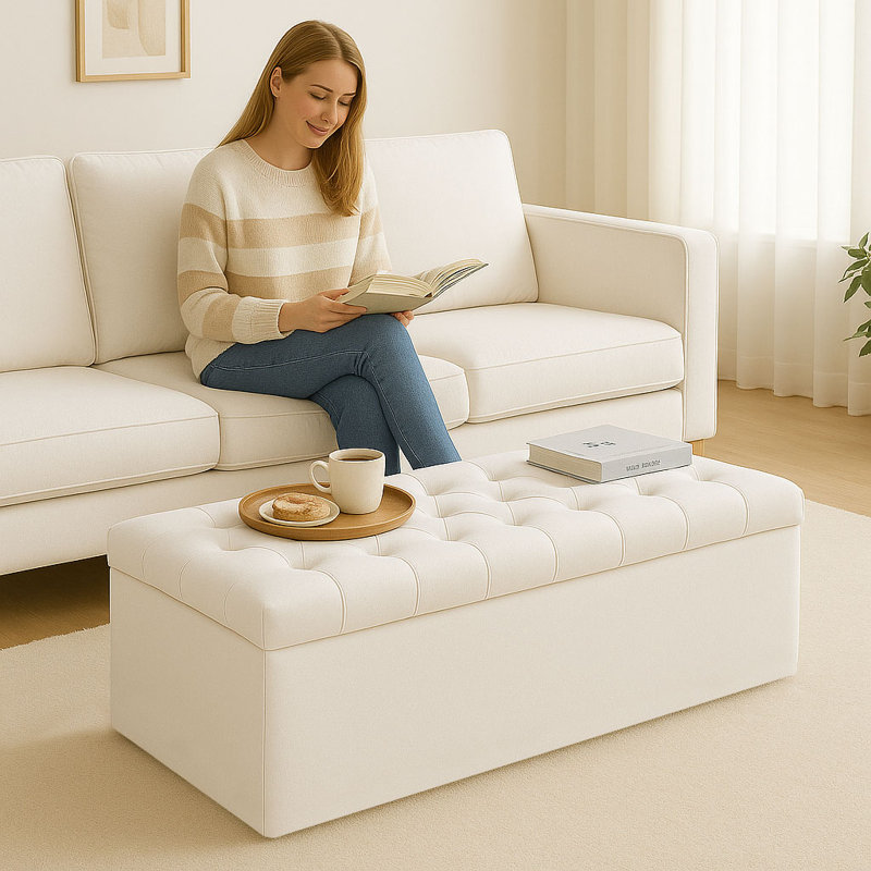 Chesterfield Ottoman Storage Box - Plush Velvet Blanket box - Shoe Bench - End of Bed Bench, 40cm H x 150cm W x 40cm D, White
