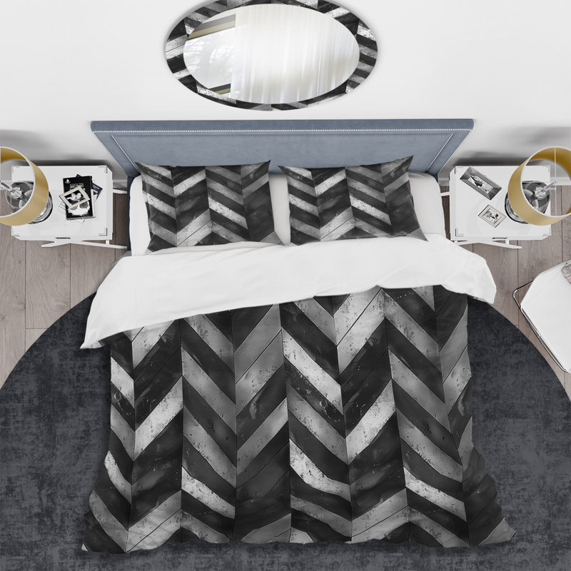 Black Grey Transitional Chevron Charm I - Transitional Duvet Cover Set, Twin Duvet Cover + 2 Standard Shams