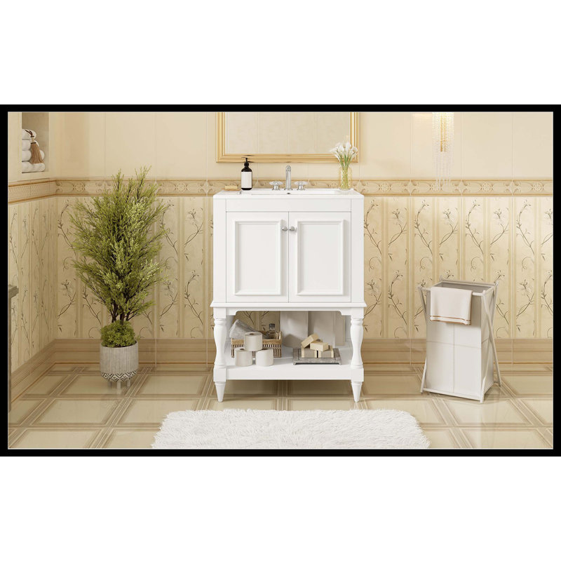 24" Modern Luxury Bathroom Vanity With Ceramic Sink, Cabinet Featuring Open Shelf & Closed Storage Space, White