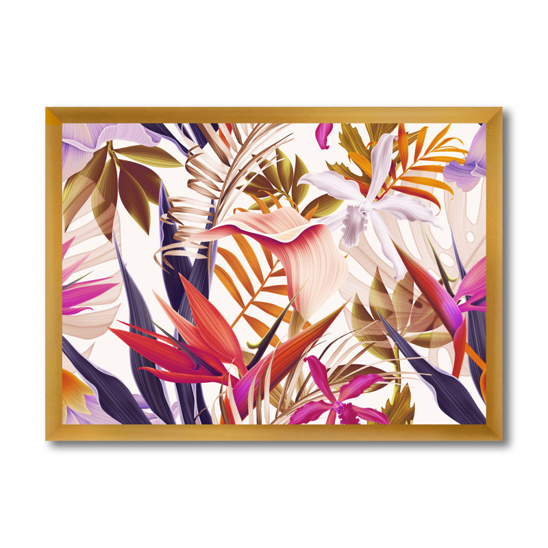 Fleurs tropicales rétro IV - Impression sur toile, H 24 po x l 32 po x P 1 po, Cadre doré