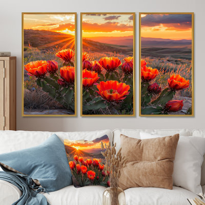 Cactus en fleurs au coucher du soleil II - art mural cactus - ensemble de 3