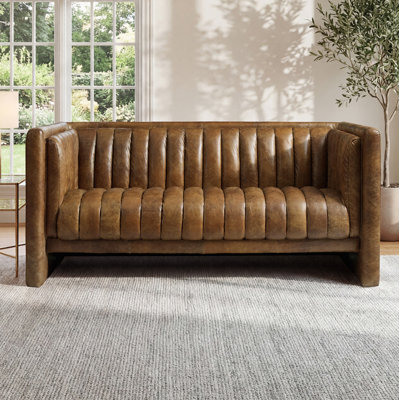 Broderic 65"W Full-Grain Genuine Italian Leather Upholstered Channel Tufted Loveseat Sofa 