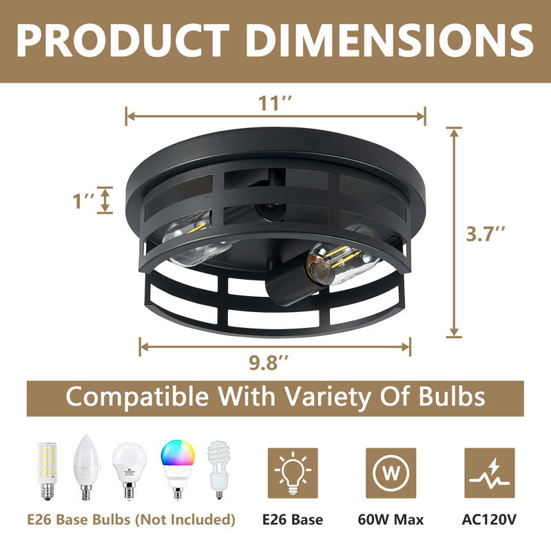 2-Light Farmhouse Flush Mount Ceiling Light, 2 Pack Black Metal Cage Light Fixture For Living Room, Entryway, 2 Lights