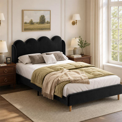 Cadre de lit plateforme à oreilles tapissier en velours - Grand lit avec tête de lit capitonnée et bords festonnés, assemblage facile sans outil, cadre de lit de chambre à coucher moderne