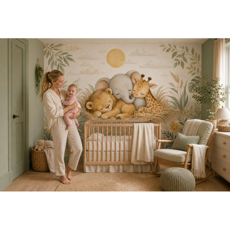Murale de bébé lionne avec aquarelle, 100 po x 96 po, Texturé non collé