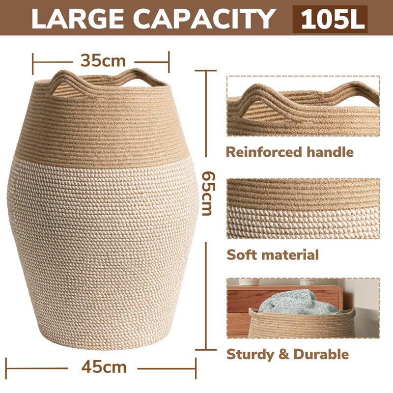 Laundry Basket with Handles, White/Line