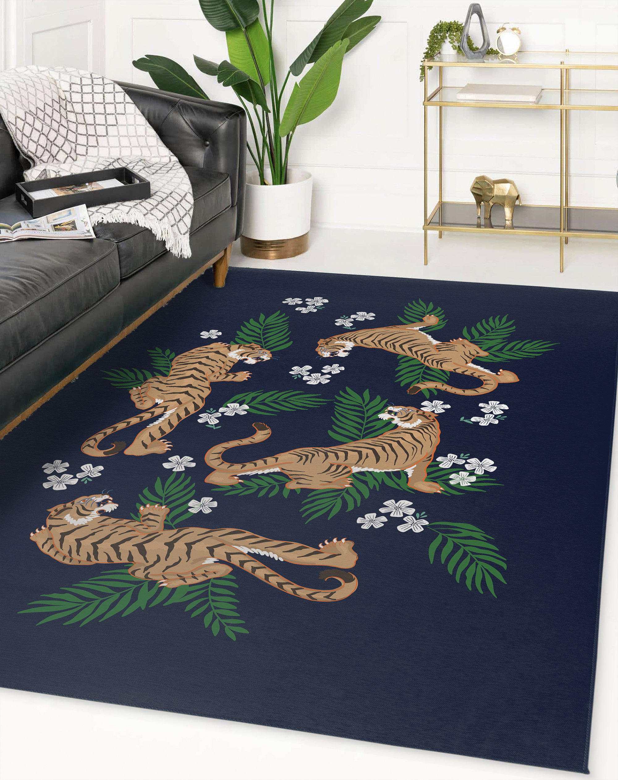 Tenafly Rugs Bungalow Rose Kaenon Tiger Floral Navy Area Rug by Bungalow Rose ...