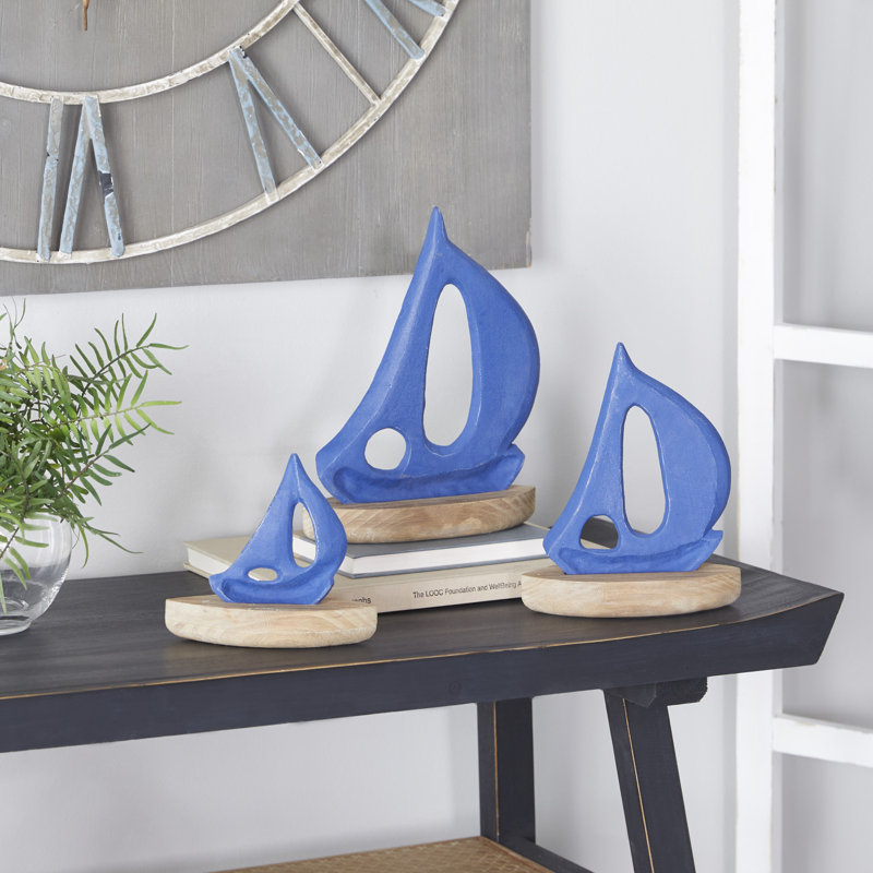 Phil 3-Piece Wood Sailboat Sculpture Set, Blue/Brown