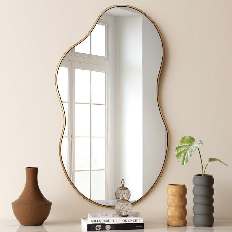 Ashane Asymmetrical Wall Mirror Metal Frame, Antique Brass, 36.4" x 20"