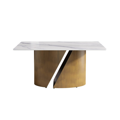 Table rectangulaire de 63 po avec panneau de pierre frittée blanche et base en fer de bronze - 6 à 8 sièges