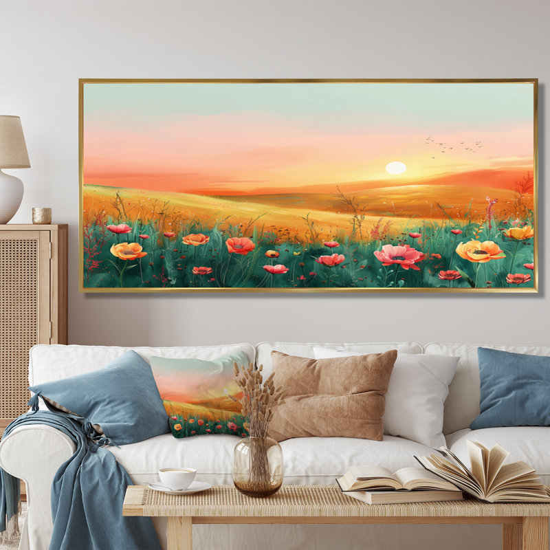 Flower Meadows At Sunset I - Décoration murale fleurs, Cadre flottant doré, H 28 po x l 60 po x P 1,5 po