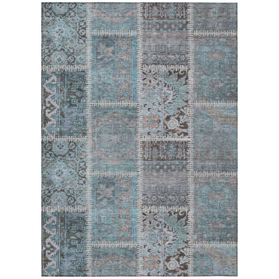 Tapis intérieur / extérieur lavable 10 pi x 14 pi bleu sarcelle turquoise et beige